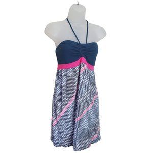 ROXY Top Halter Navy Pink Rouche Swim Beach Vacation Spring Summer Pool XLarge